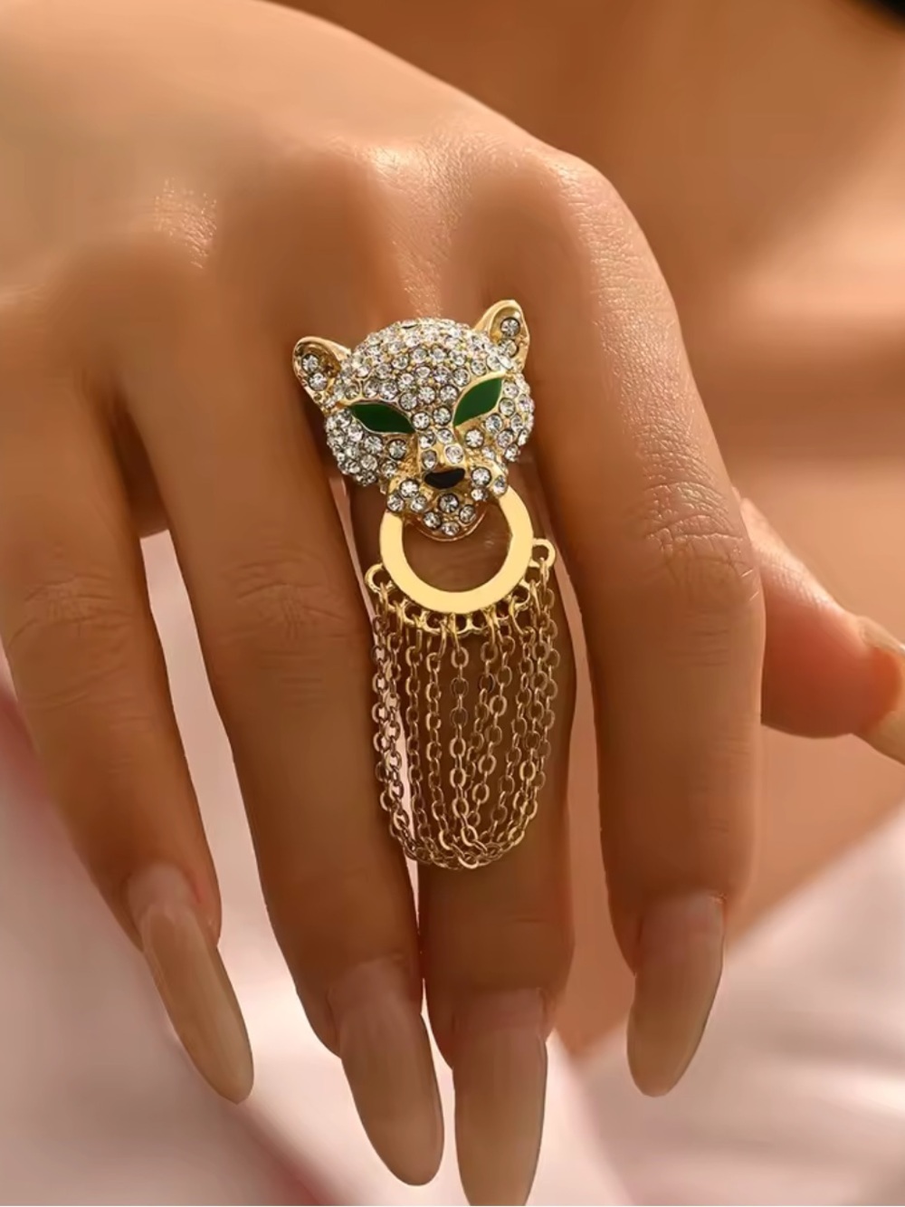 Gold Panther Chain Drop Cocktail Ring with Green Eyes